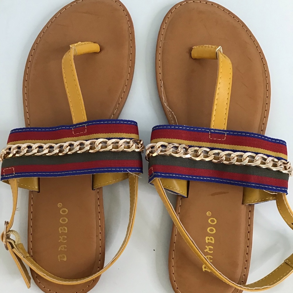 BambooT-Strap Sandals Vibrant Blue, Red, Green and Yellow, ethnic Women's size 7